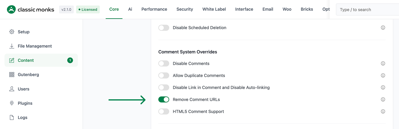 Remove comment URLs toggle