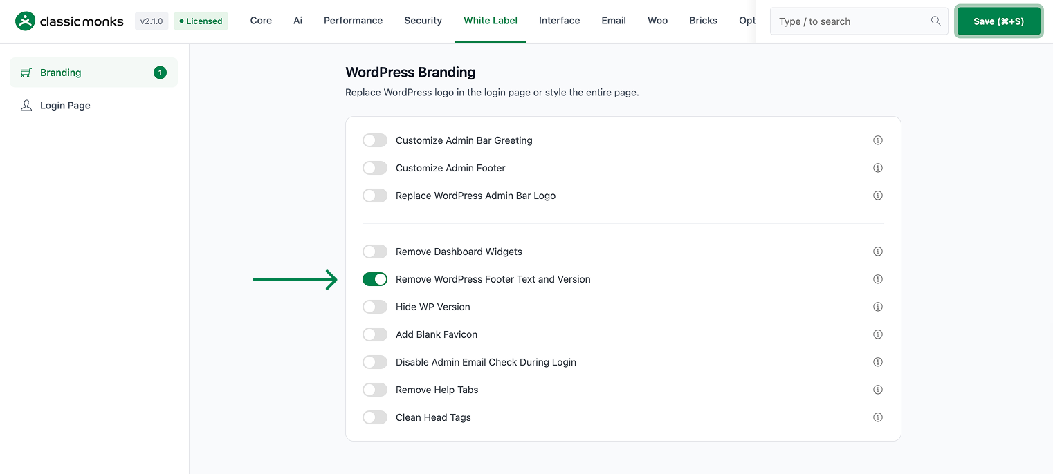 WordPress branding options shown.
