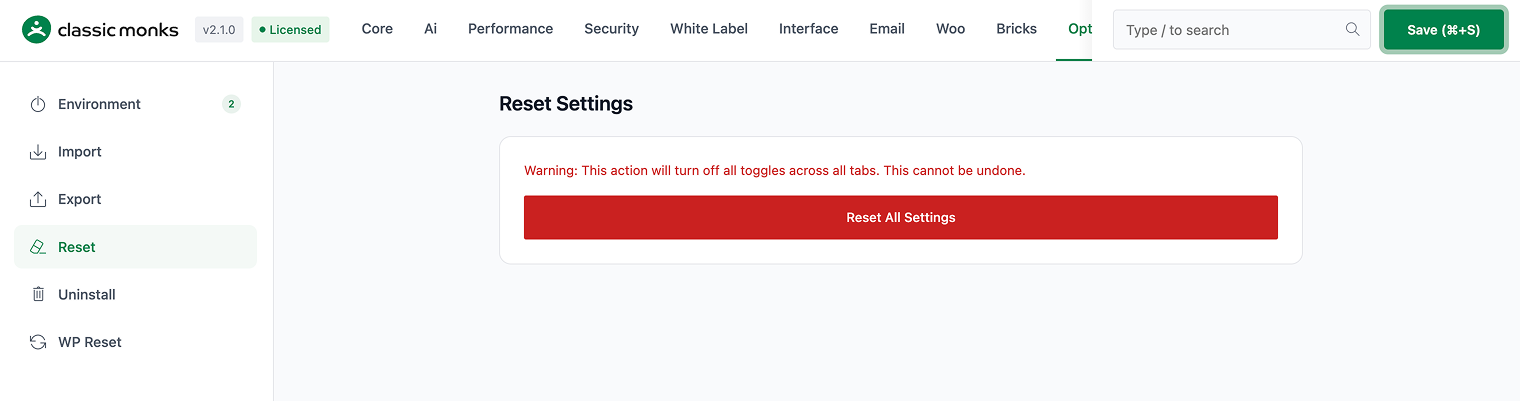 Reset all settings warning