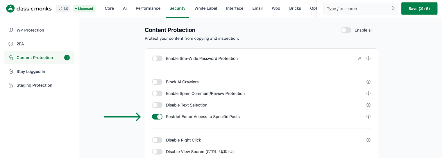 Restrict editor access option enabled