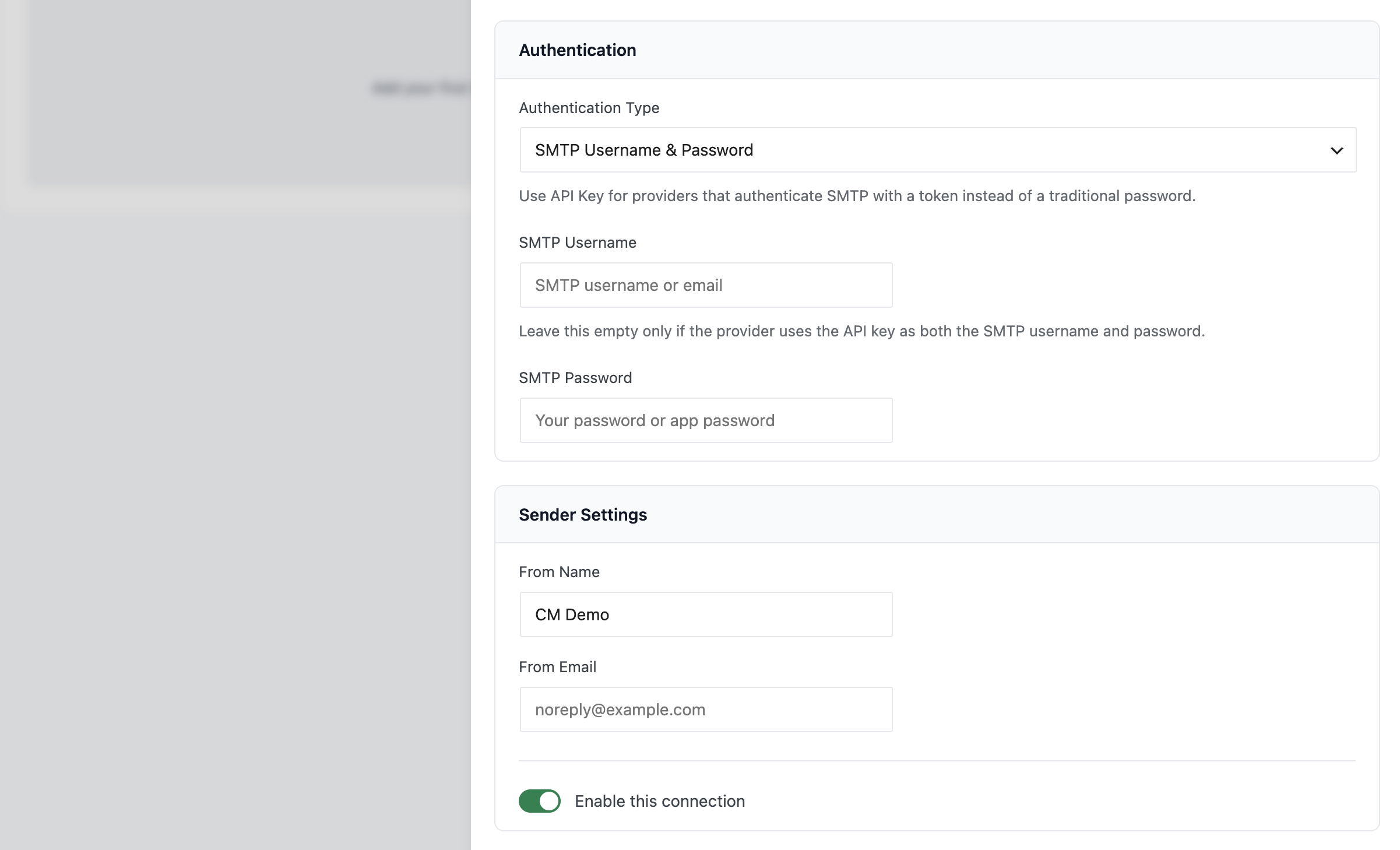 SMTP authentication and sender settings