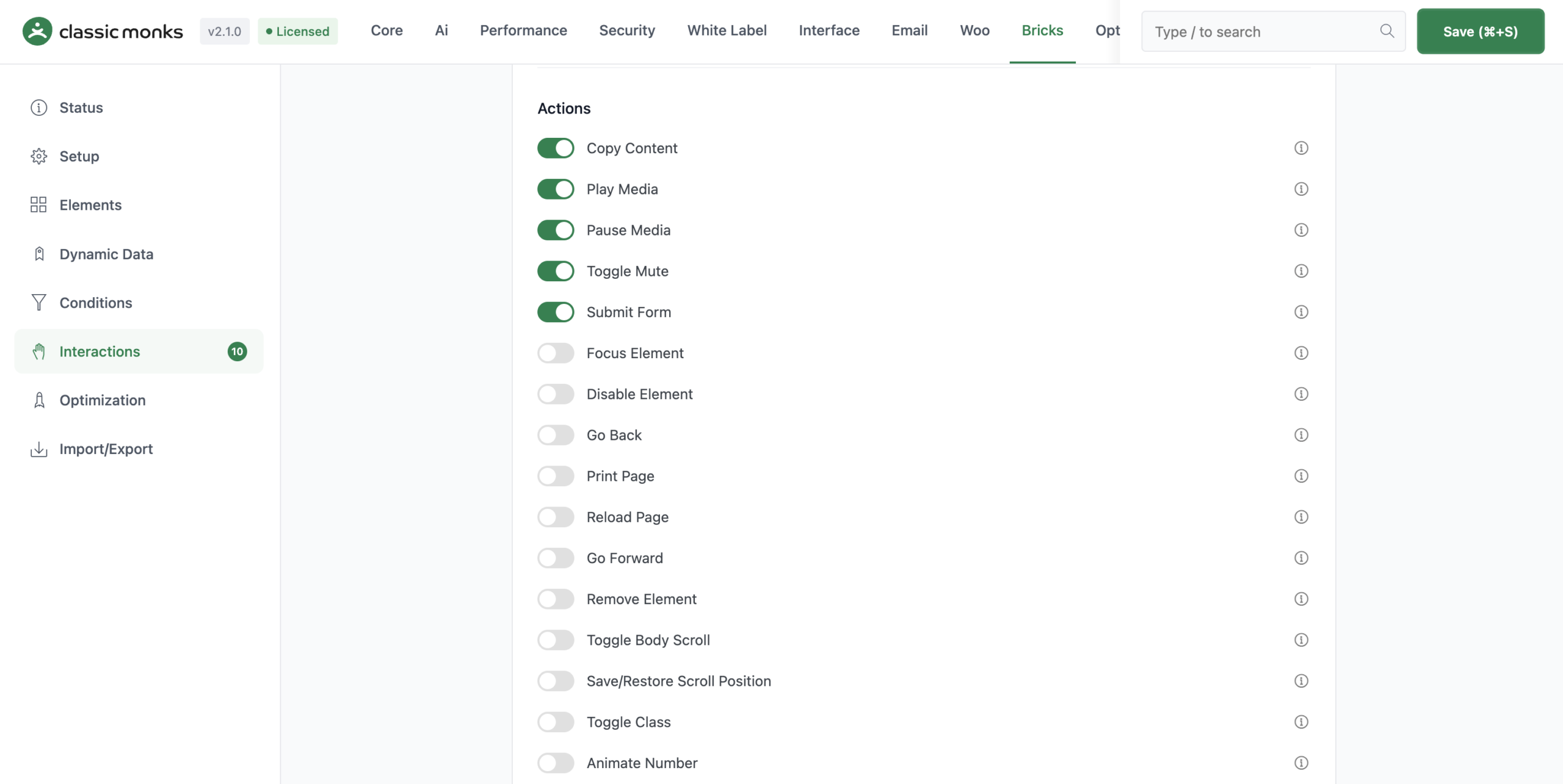 Screenshot of Classic Monks plugin interface showing the Interactions tab with toggles for actions like Copy Content, Play Media, Pause Media, Toggle Mute, and Submit Form enabled, and other actions disabled.