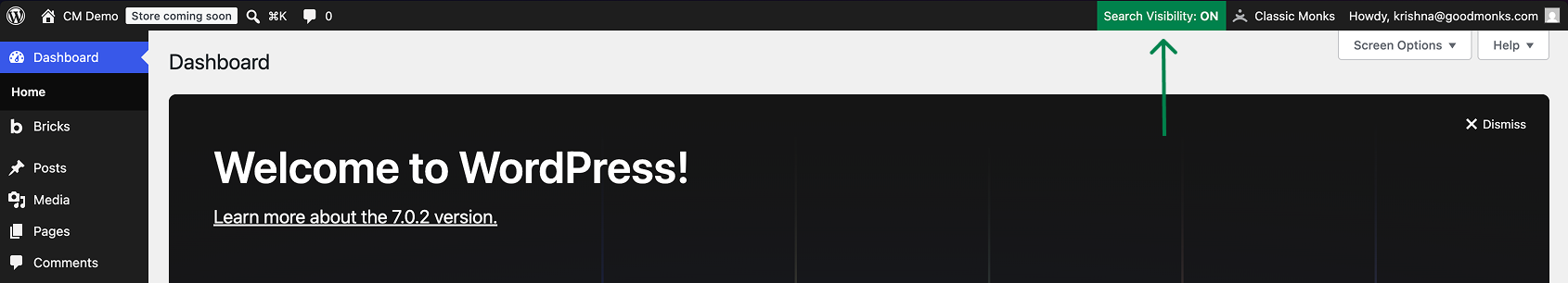 WordPress dashboard welcome message