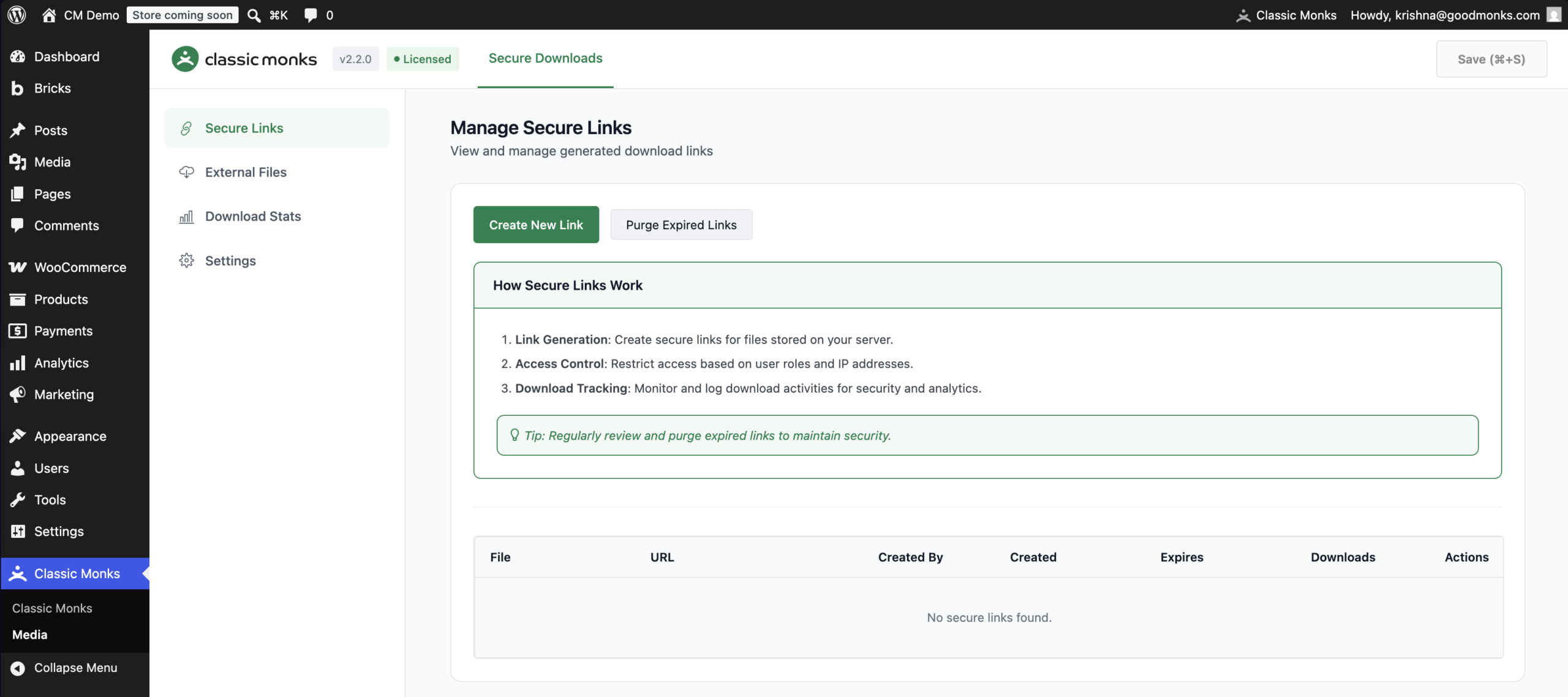 Manage secure download links.