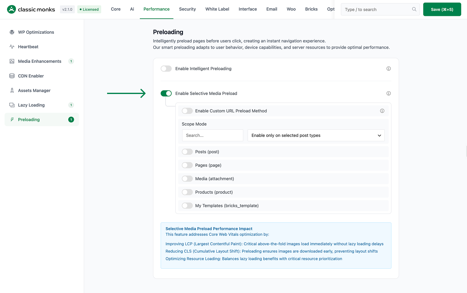 Preloading settings for website performance