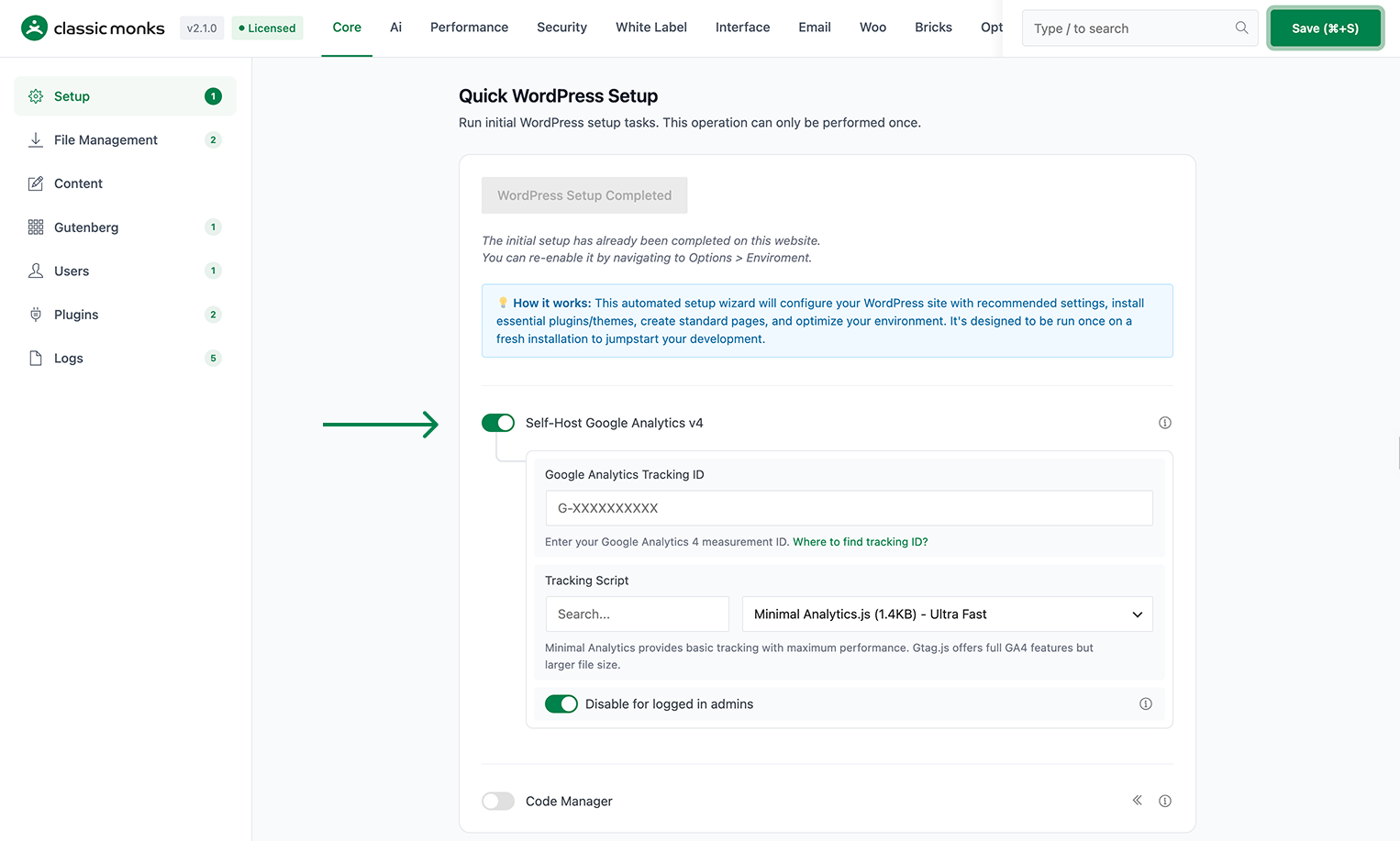 WordPress setup with analytics enabled