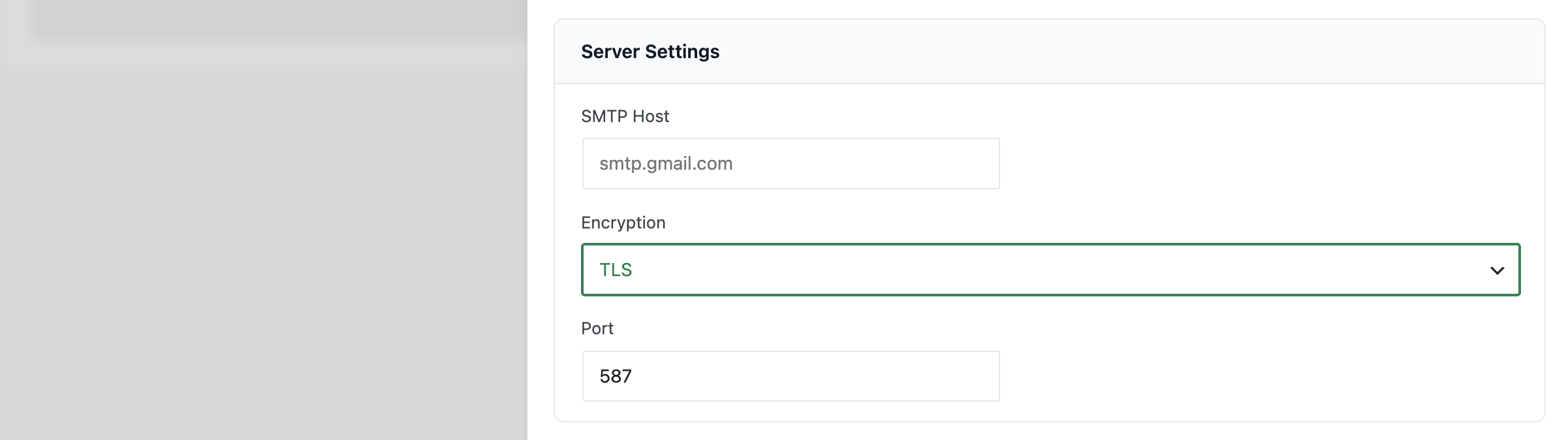 Server settings with TLS encryption