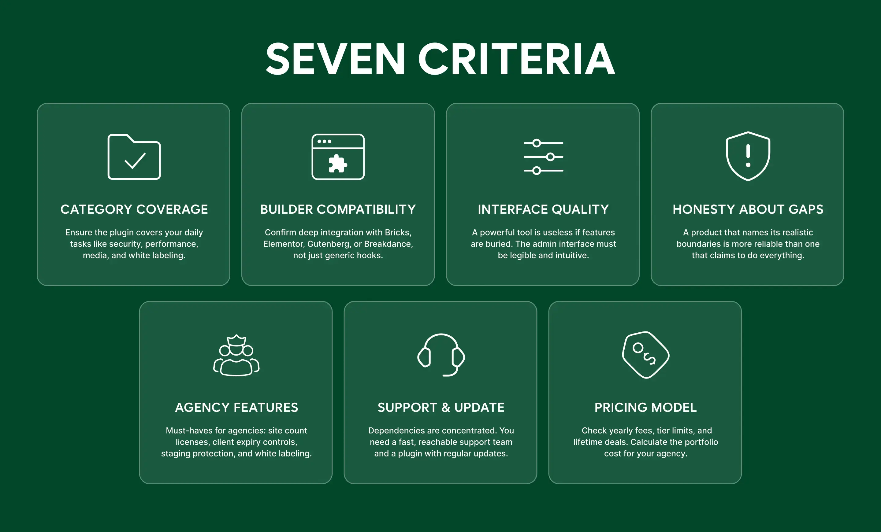 The seven criteria for choosing an all-in-one plugin.