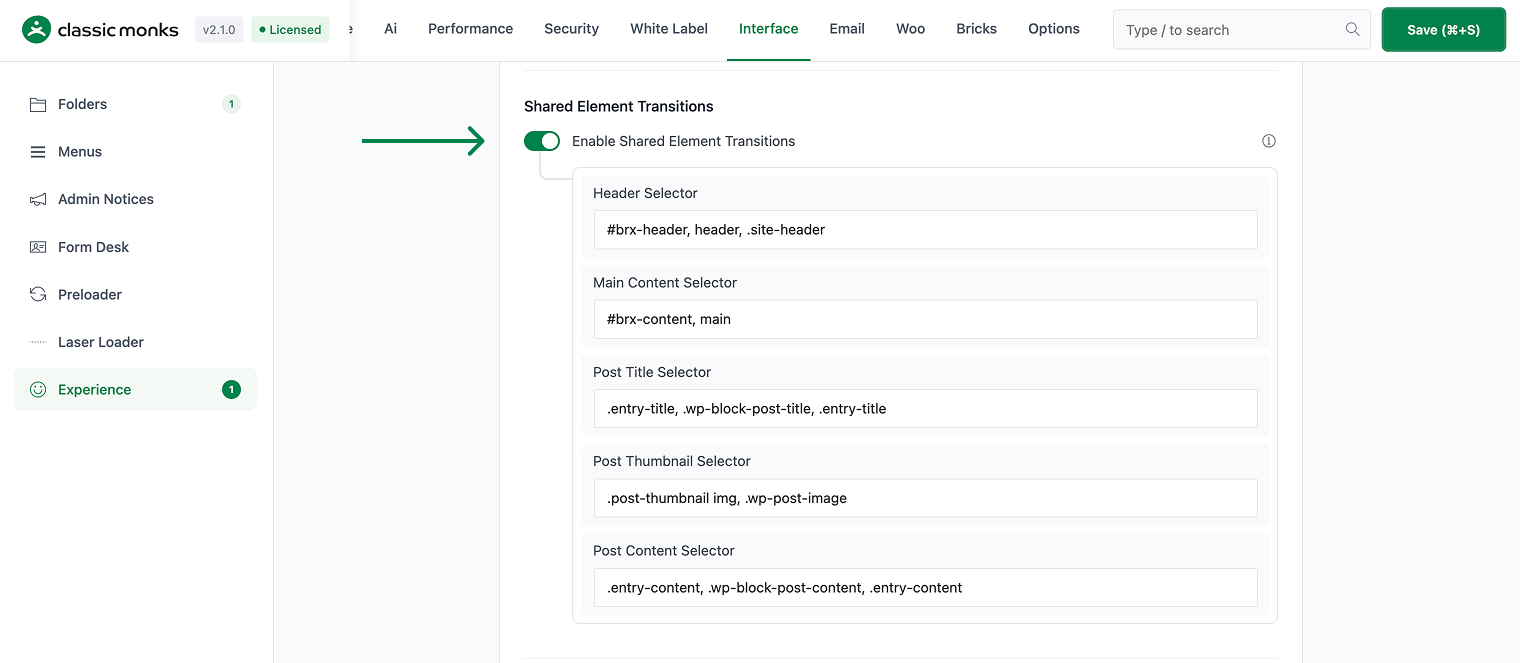 How to Use Shared Element Transitions in WordPress Shared element transitions settings