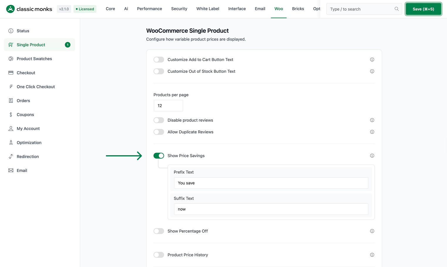 Show price savings toggle