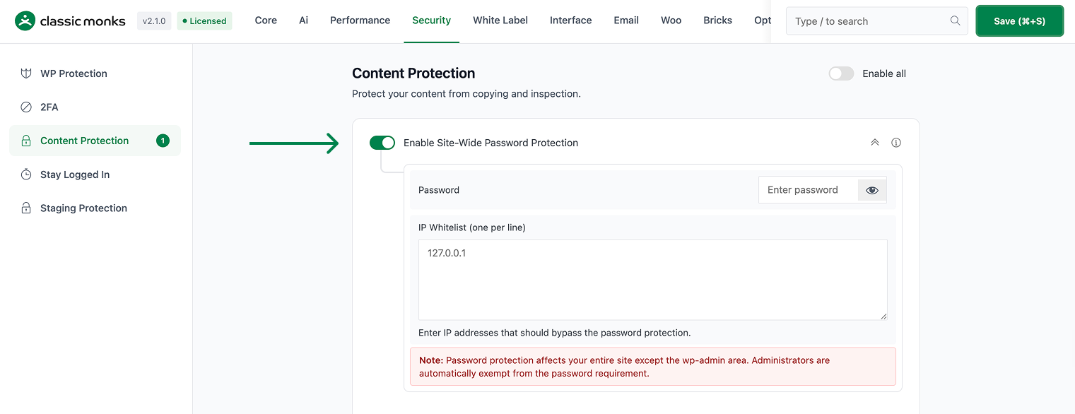 How to Use Site-Wide Password Protection in WordPress Content protection settings activated