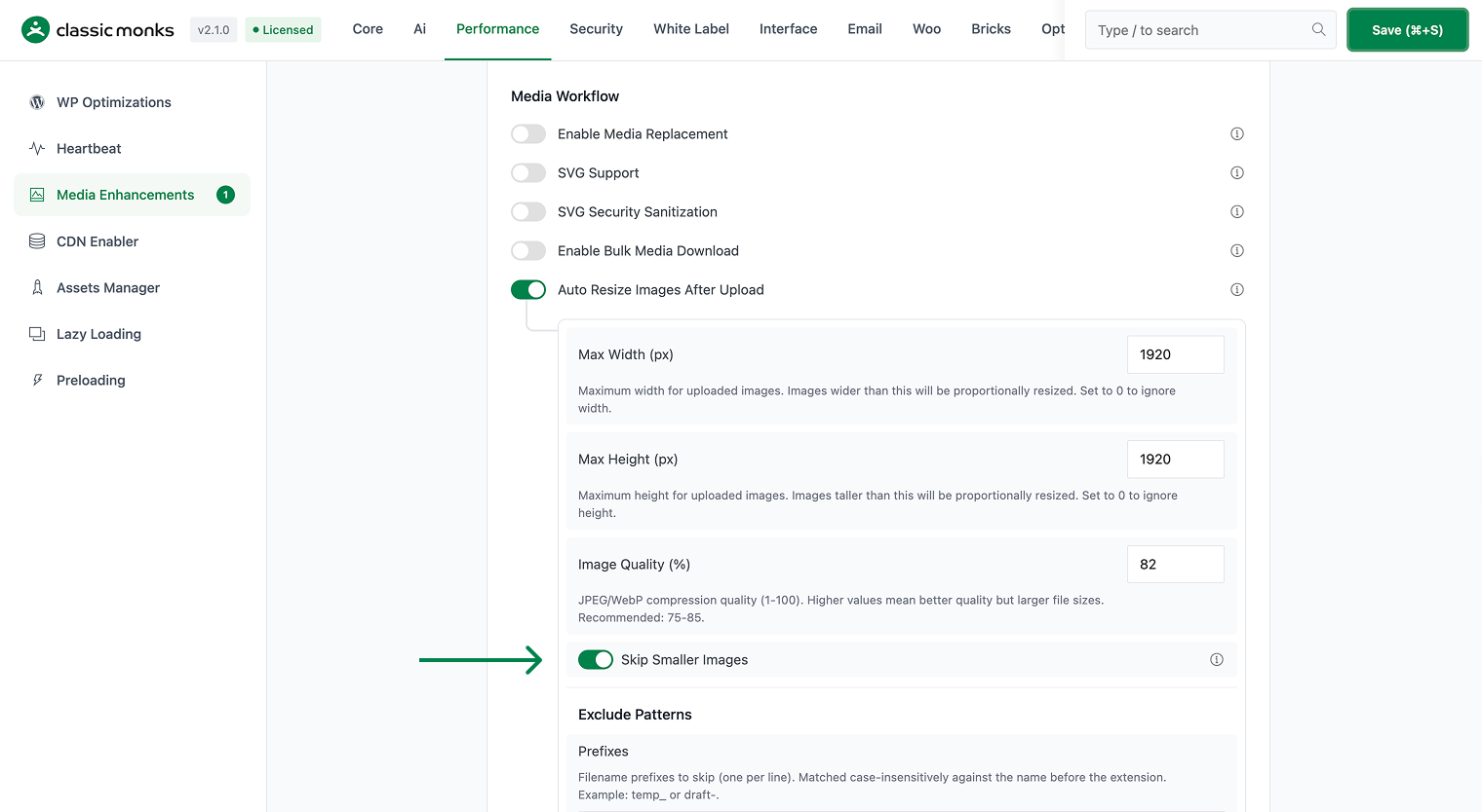 Media Enhancements settings page.