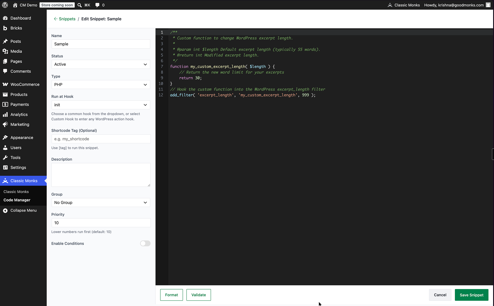 WordPress snippet editor interface
