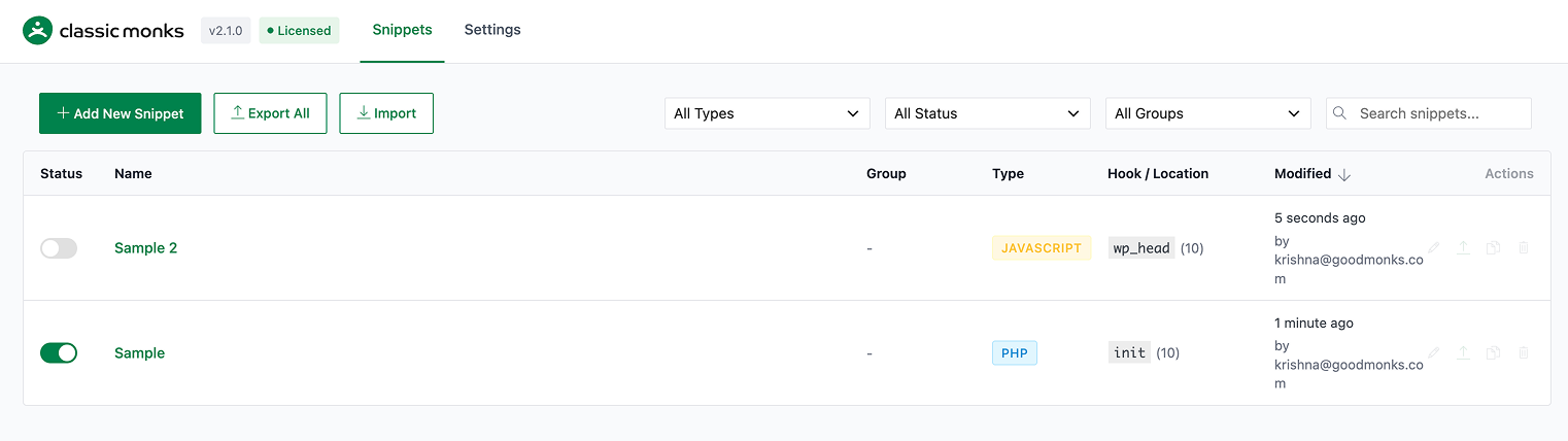 Snippet list with samples