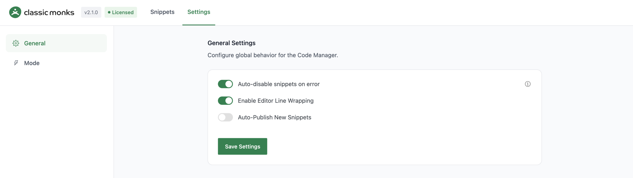 General settings for code manager