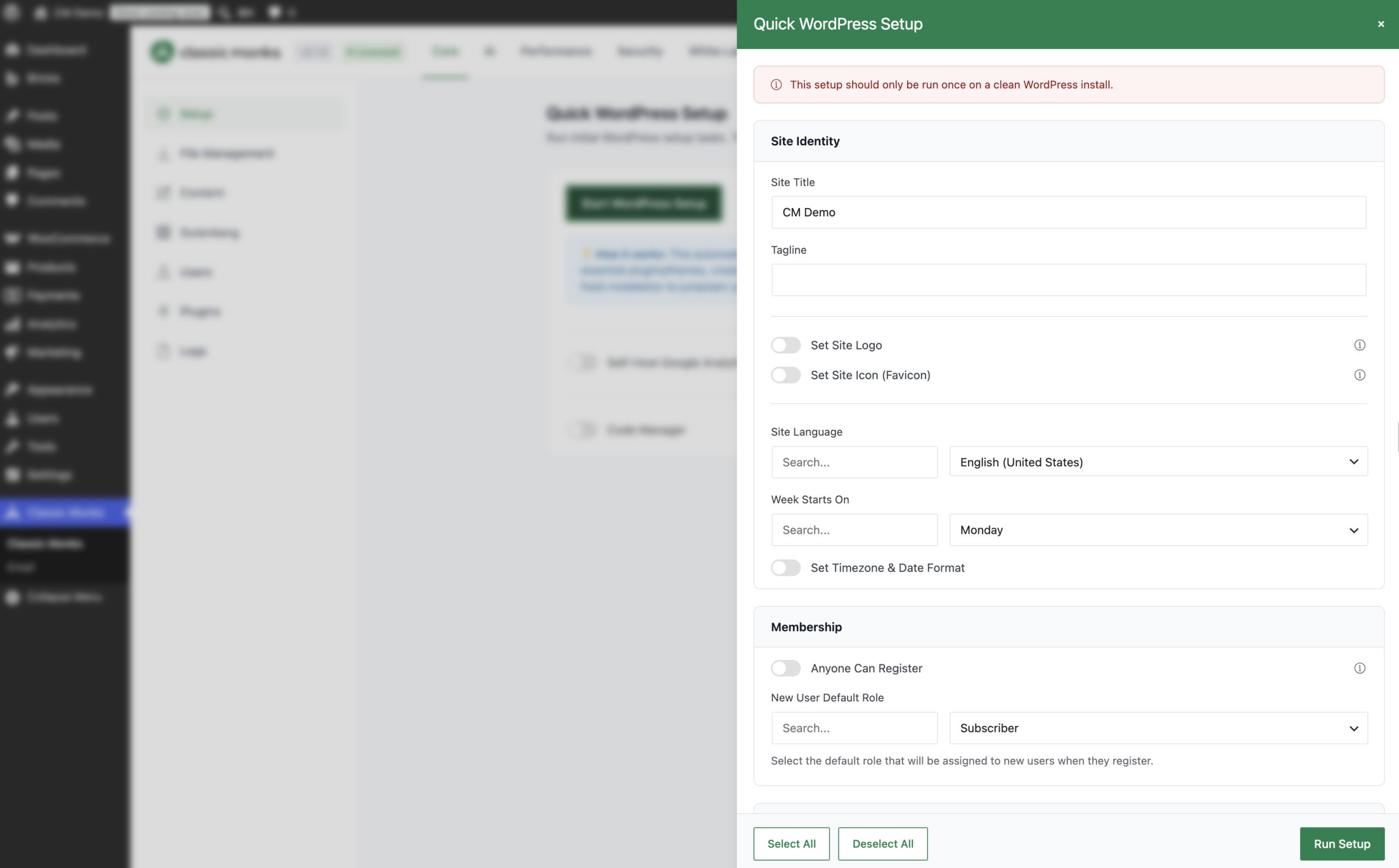 WordPress quick setup screen