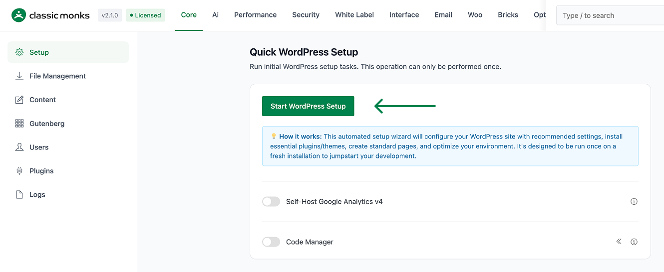WordPress quick setup wizard