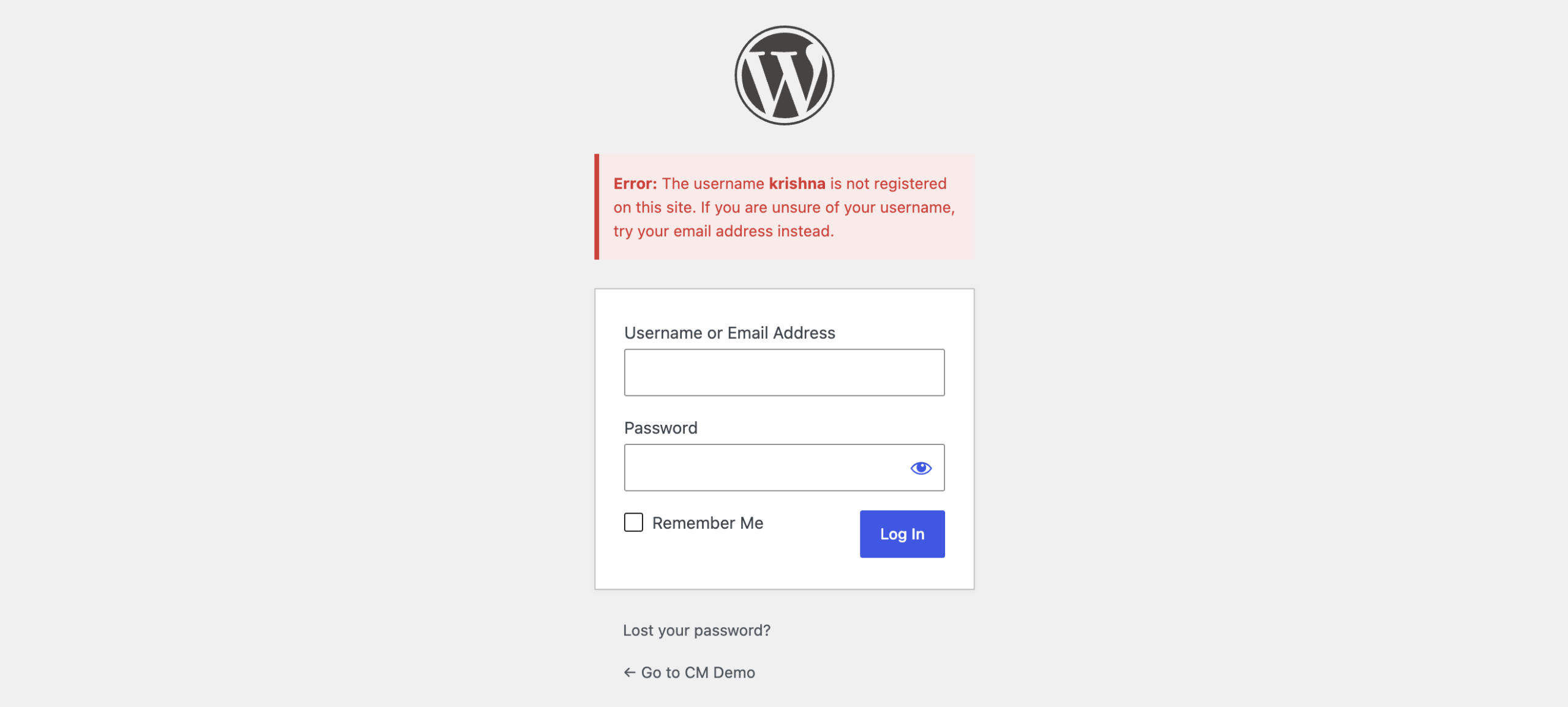 Login error message shown