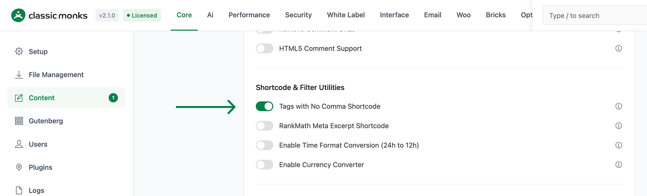 Shortcode and filter utilities settings