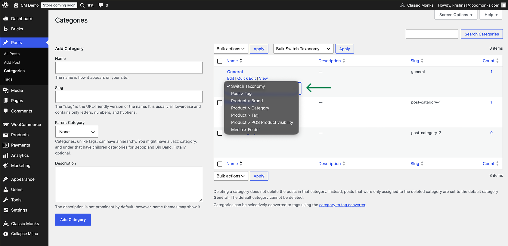 WordPress categories dropdown menu