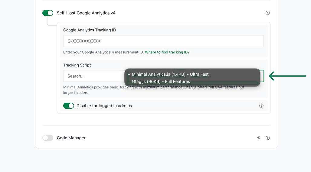 Tracking script options dropdown