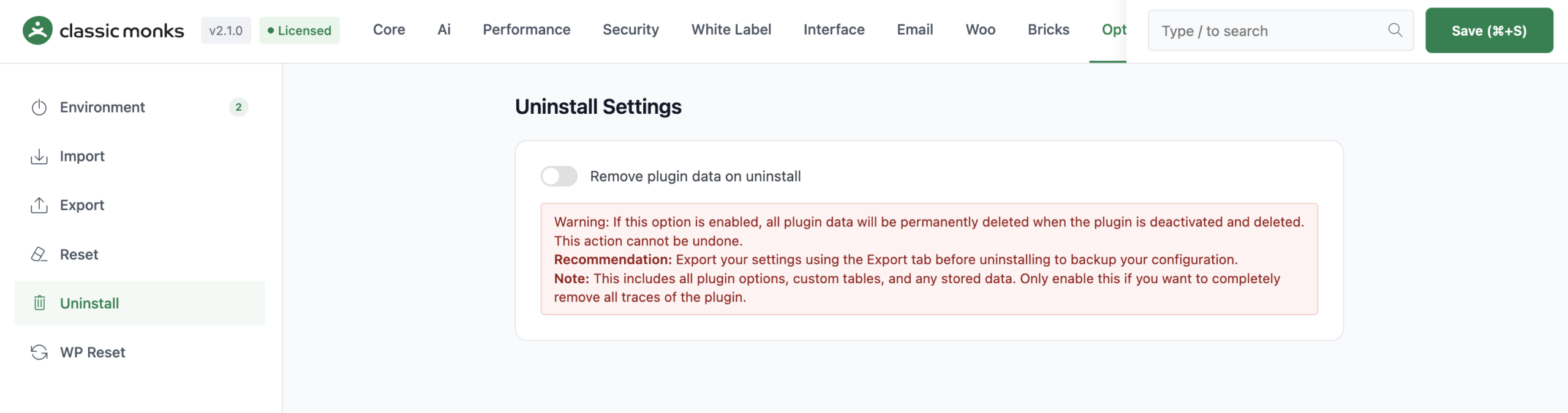 Uninstall plugin settings for data deletion