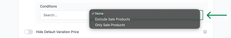 Product conditions dropdown menu