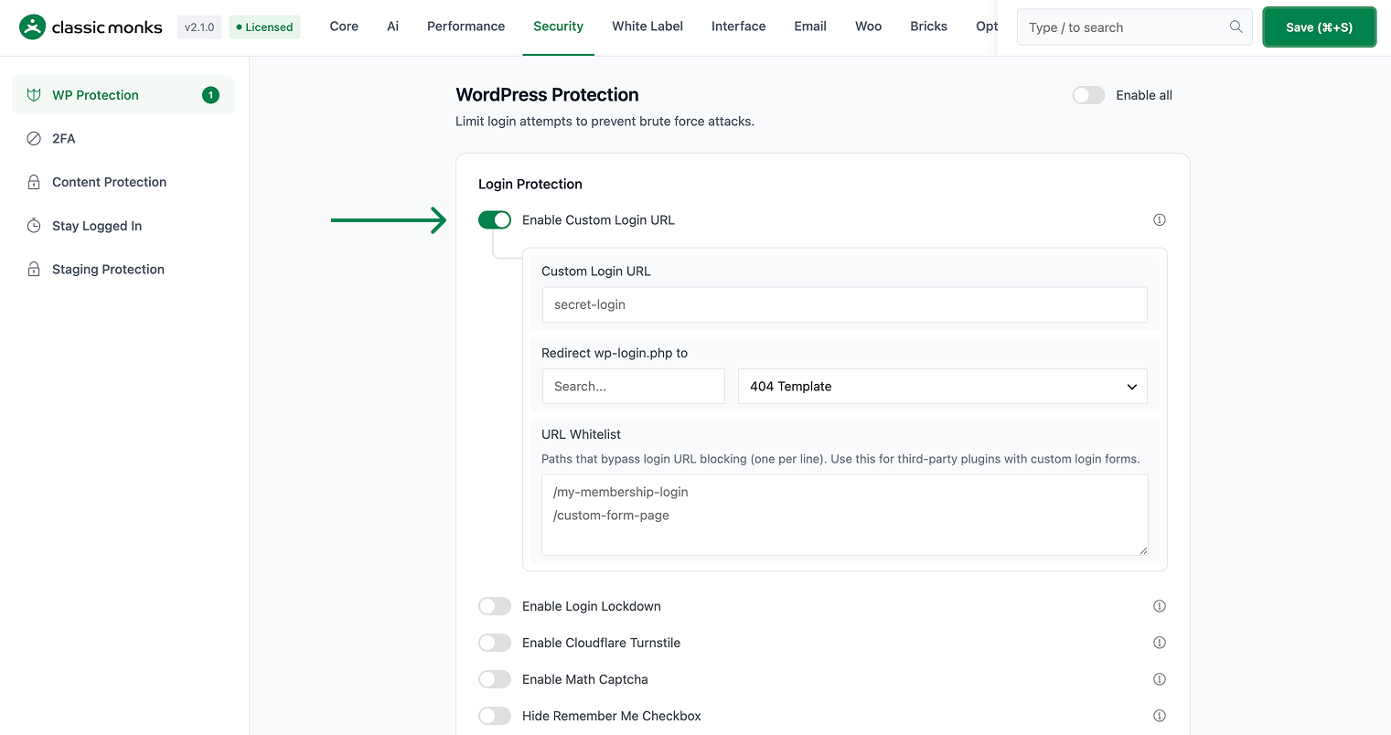WordPress login protection settings.