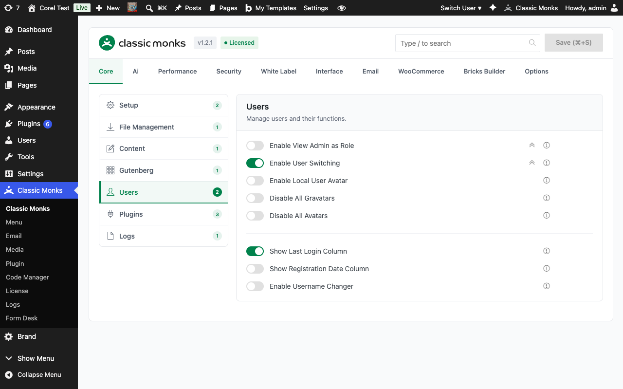 Classic Monks user settings screen