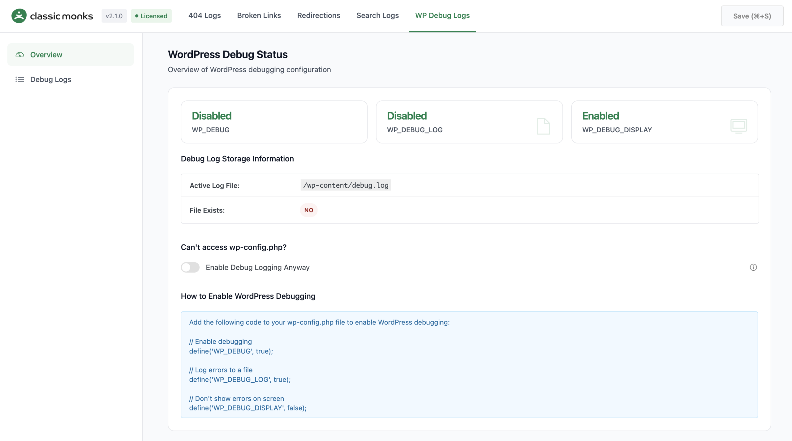 WordPress Debugging Status Overview