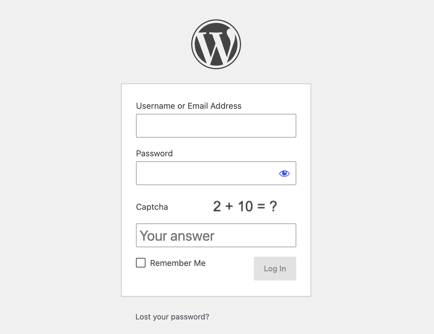 WordPress login page with captcha