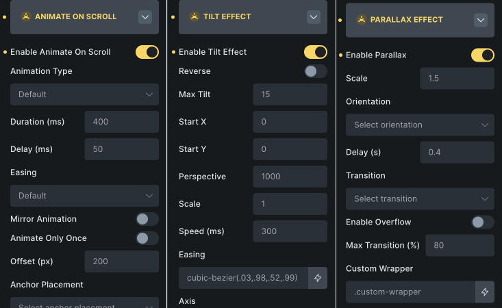 Animation and visual effects settings panel