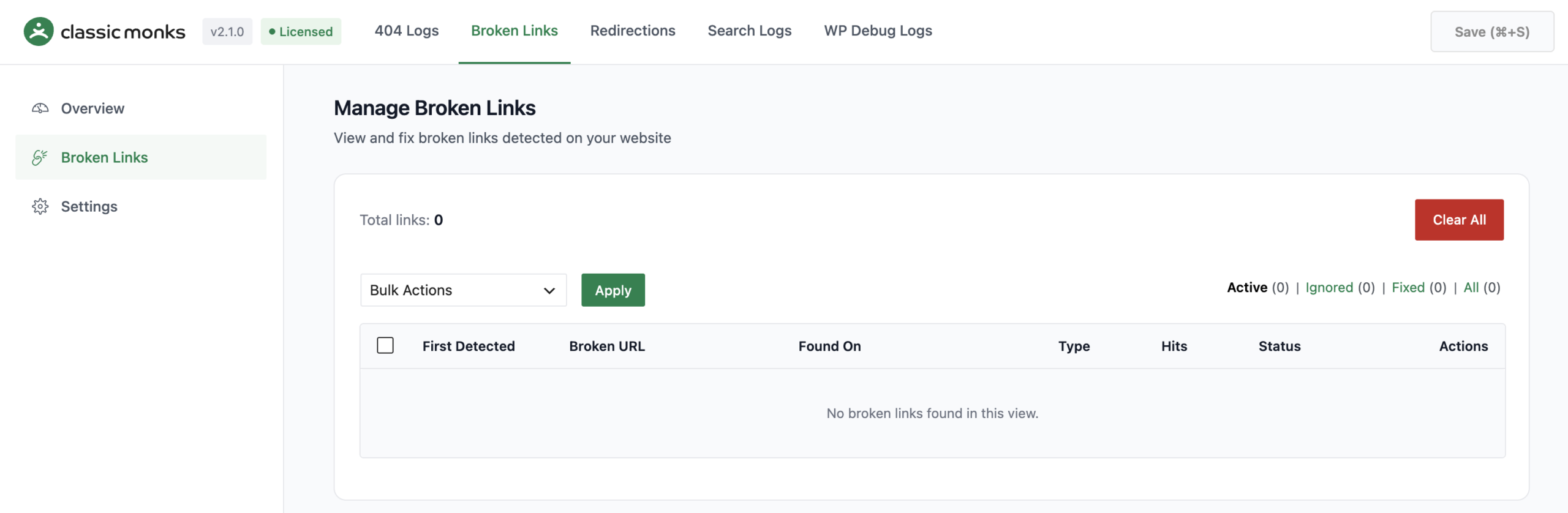 Broken links management page