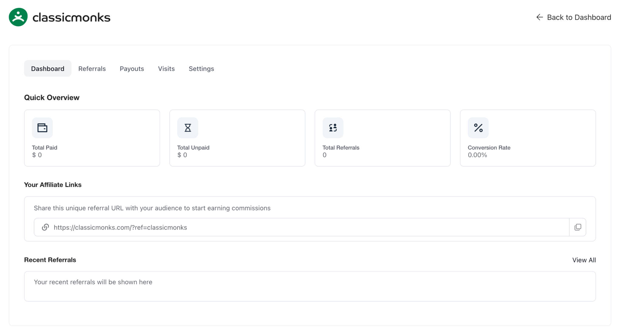 Affiliate dashboard with earnings and referral statistics