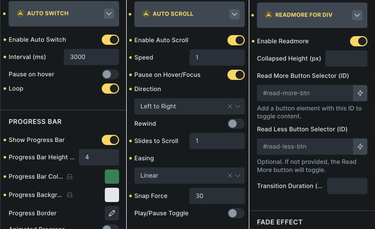 UI panel settings for auto scroll and read more