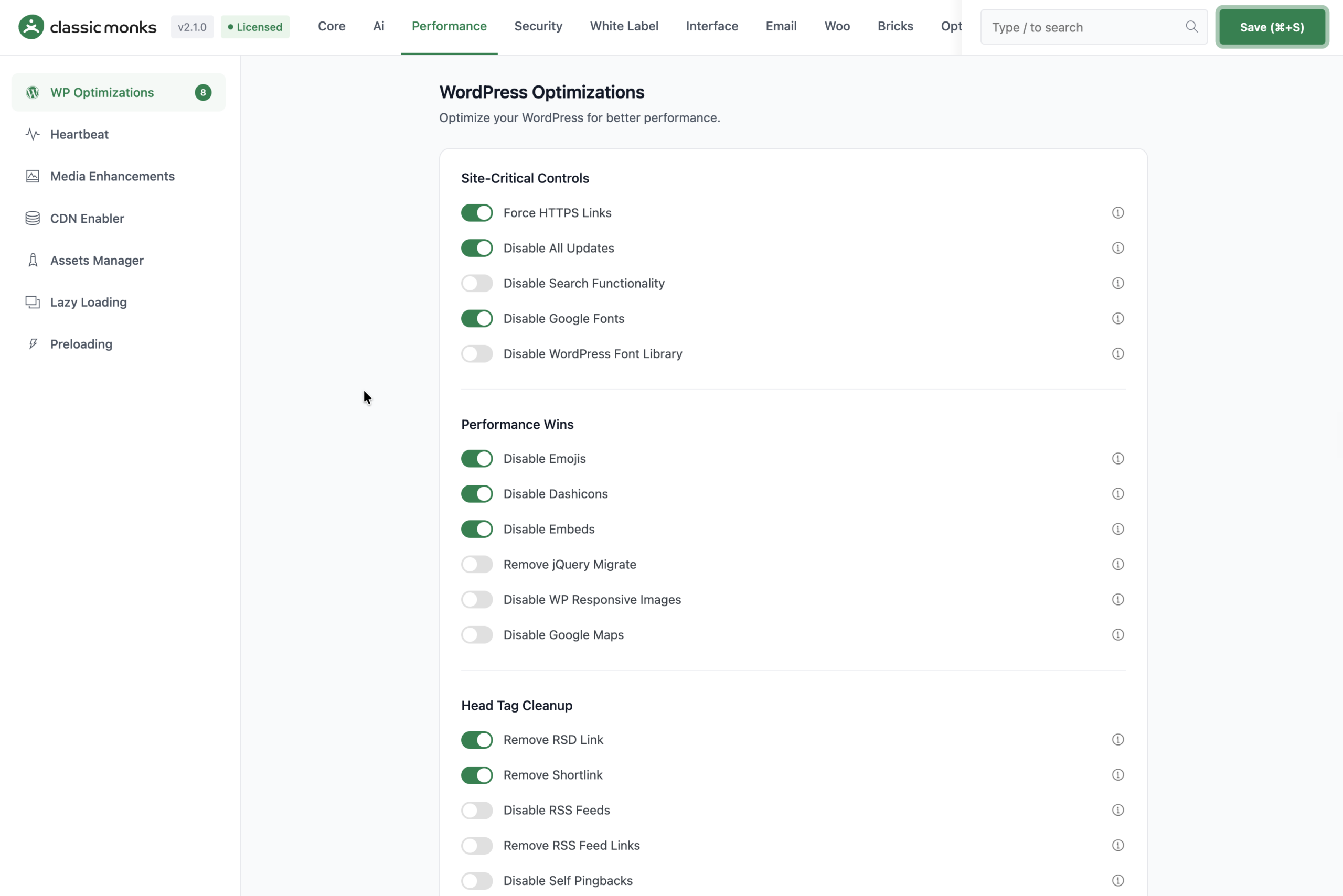 WordPress performance optimizations settings