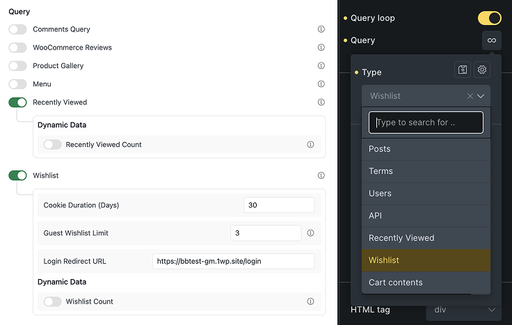 WordPress wishlist and recently viewed settings panel
