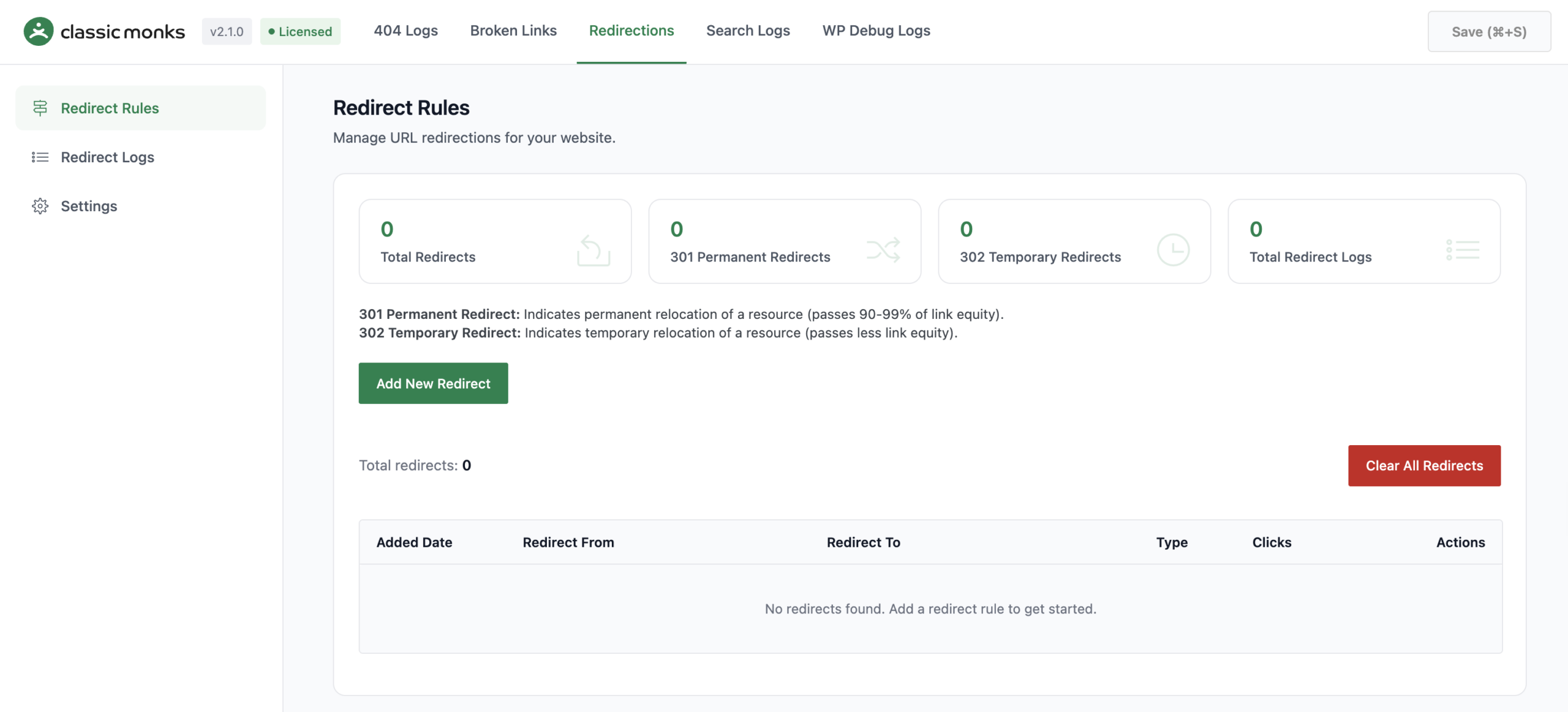 Redirect rules management interface