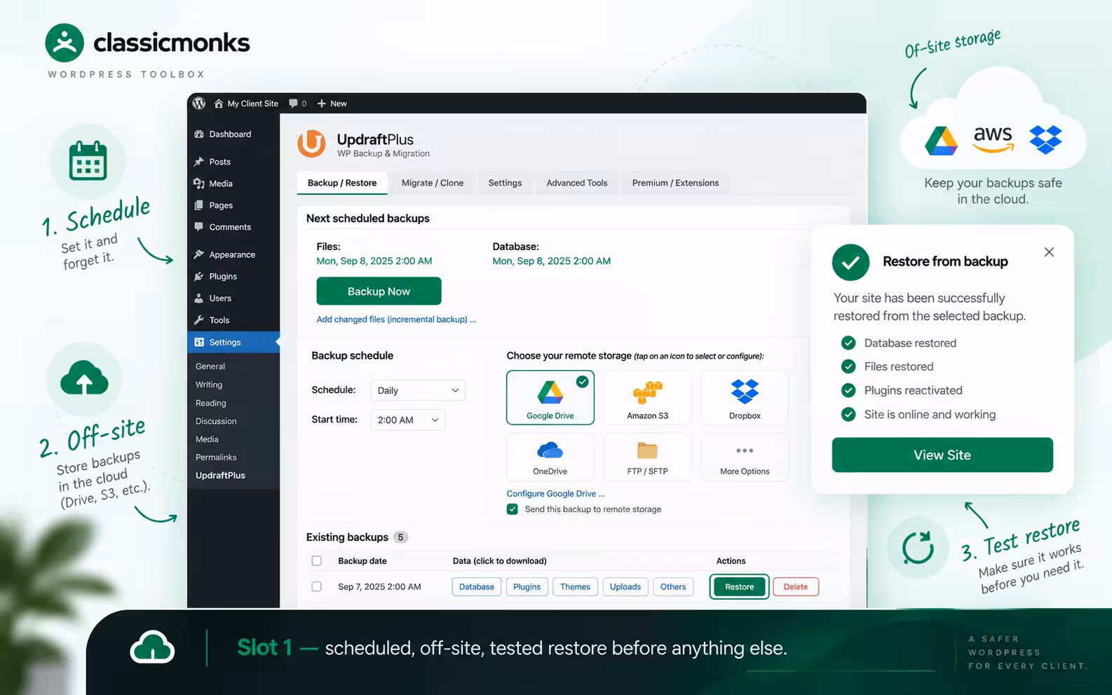 WordPress Toolbox: Plugins Agencies Install on Client Sites WordPress backup settings interface