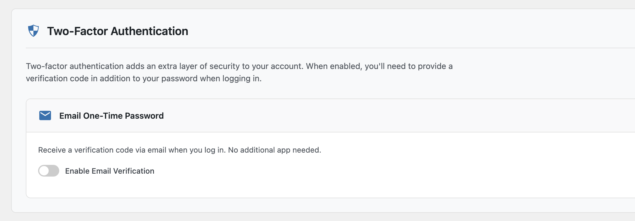 Enable email verification for two-factor authentication